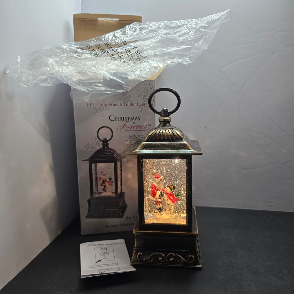 Christmas Is Forever Jolly Friends Glitter Lantern Santa Snowman Lighted 10.5"